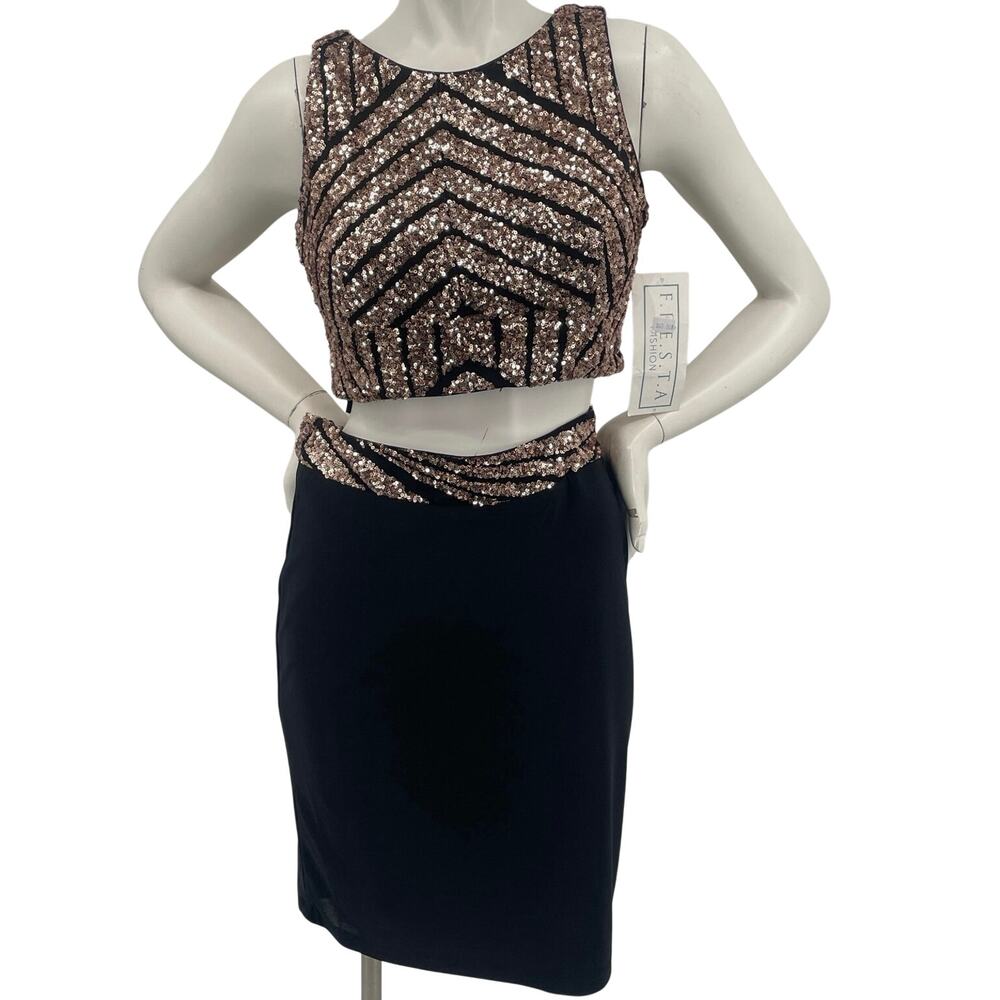 Fiesta Fashion Women Black Rose Gold Sequin Crop Halter Top 2pc Dress NWT S Med